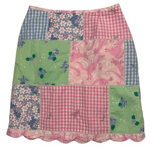 Lilly Pulitzer Skirt 10 Patchwork Check Pastel Floral Scallop Hem Preppy 90s VTG